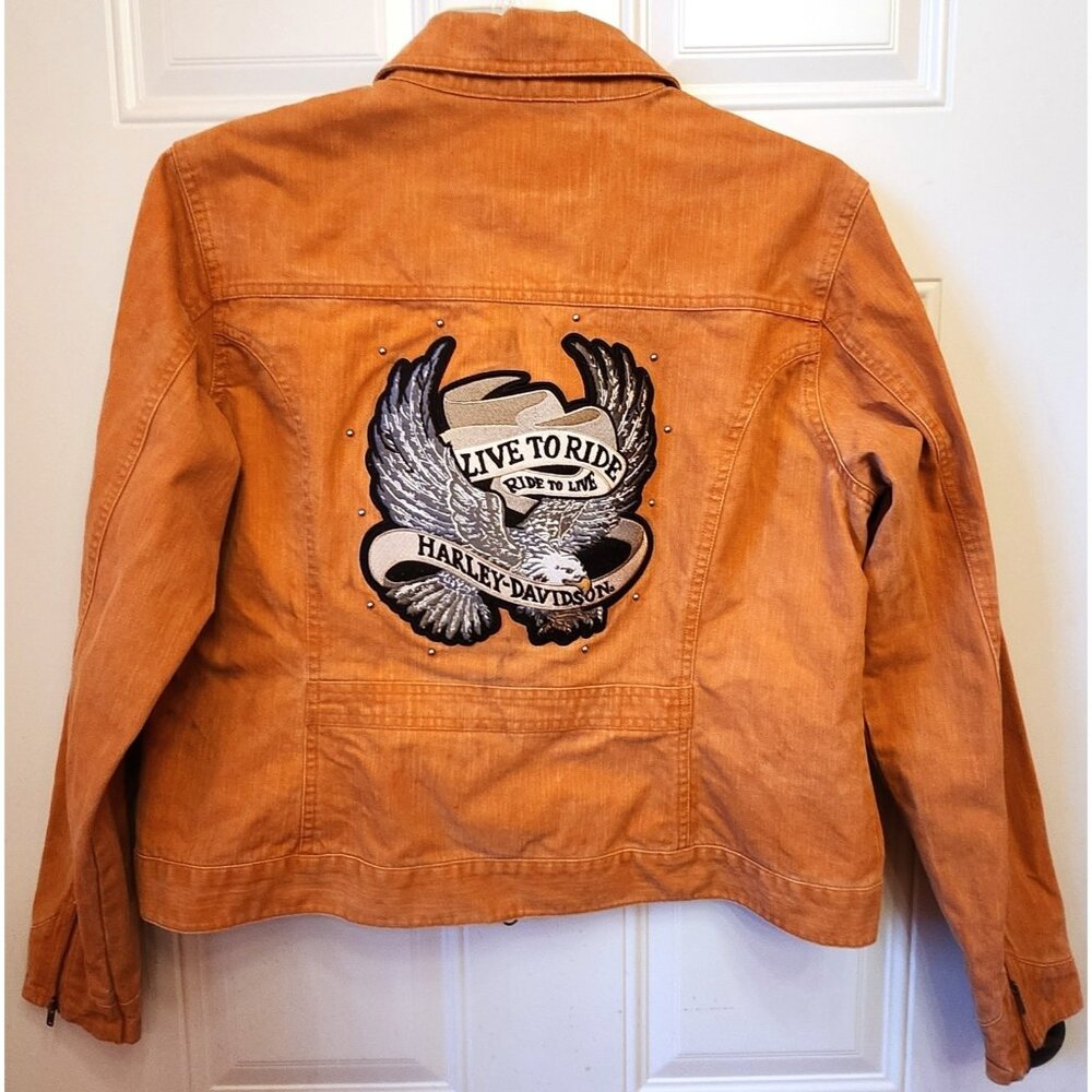 Harley Davidson burnt orange stiff DENIM MOTORCYLE JACKET Womens XL biker coat